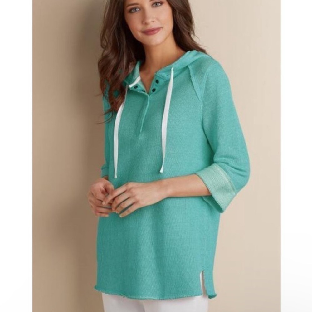 Soft Surroundings Just Beachy Hoodie French Terry 3/4 Sleeves Aqua Blue Size S